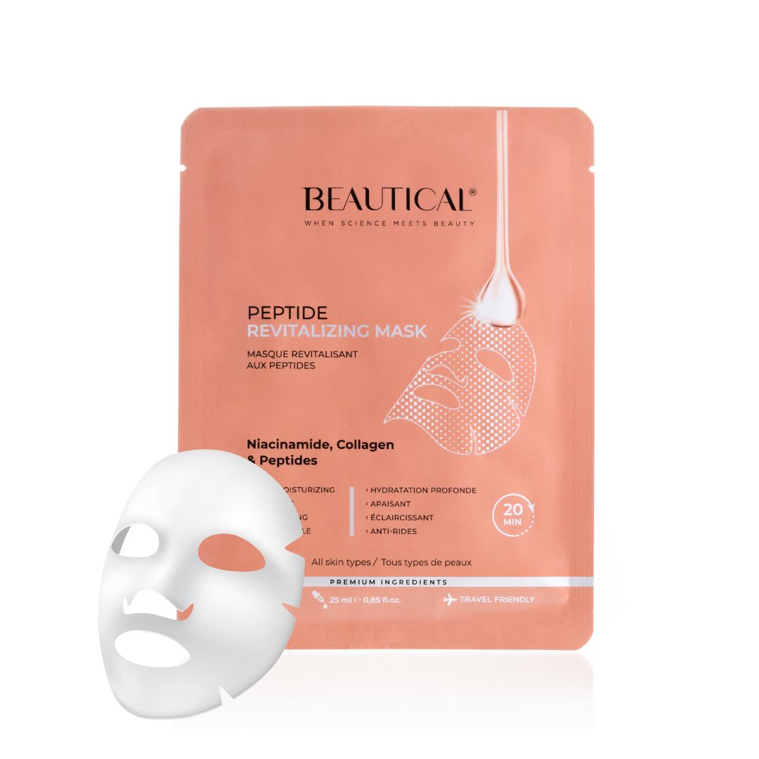 Beautical Peptid Revitalizing Mask. Roze verpakking met masker. Tekst: Niacinamide, collageen & peptiden.