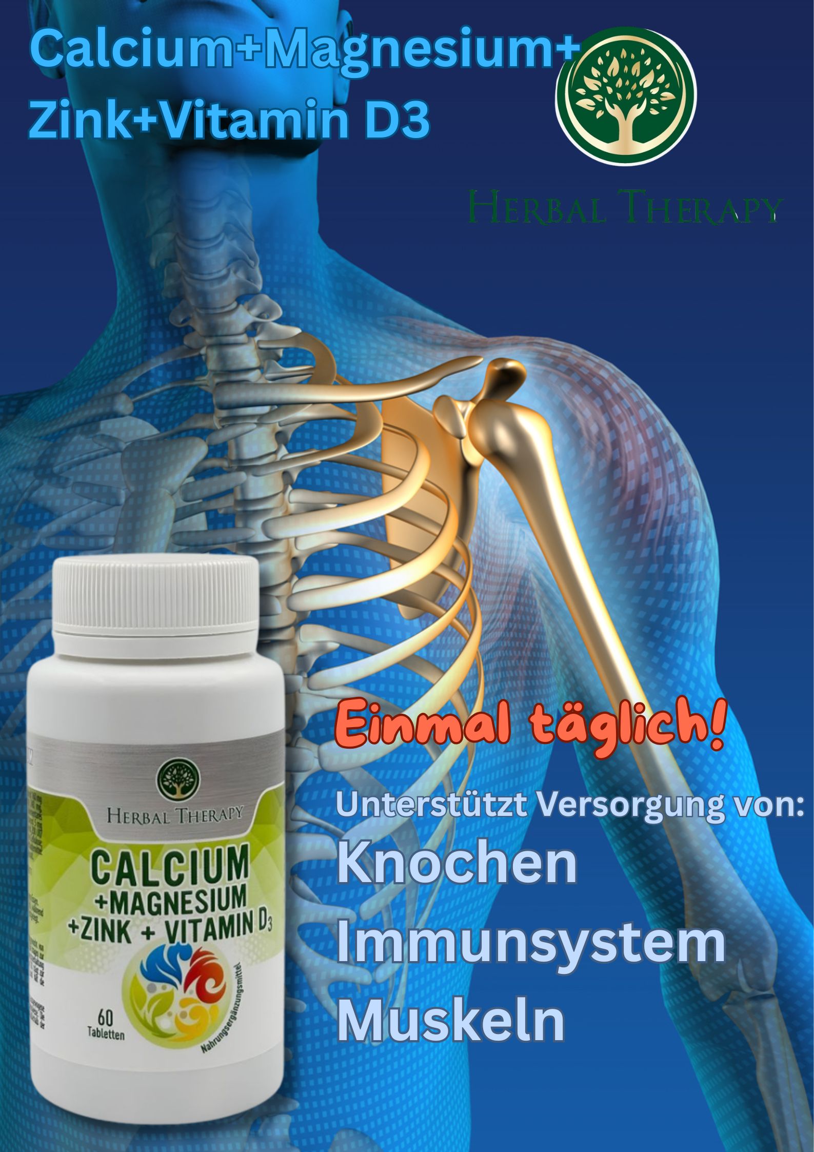 Image publicitaire. Squelette avec flacon. Inscription: Calcium + Magnésium + Zinc + Vitamine D3. Logo: arbre dans un cercle. Texte: Une fois par jour! Soutient os, système immunitaire, muscles.