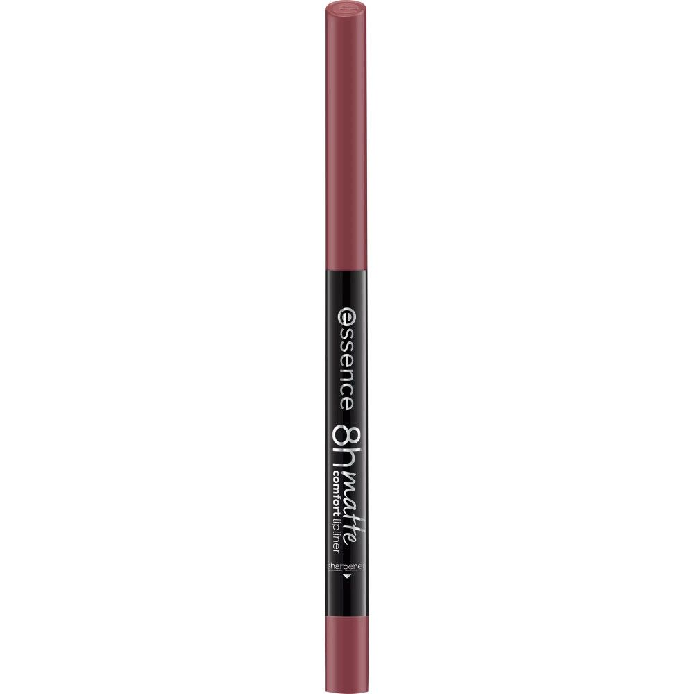 Zwarte lippenpotlood. Opschrift: Essence 8h matte comfort liner. Roze punt en onderkant.
