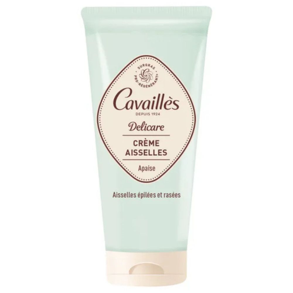 Lichtgroene tube. Tekst: Cavaillès, Delicare, Crème Aisselles, Apaise. Voor geëpileerde en geschoren oksels. Logo en tekst bruin.