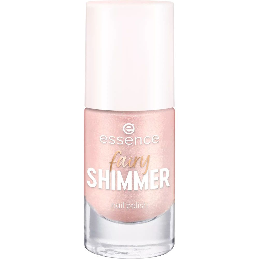 Flacon de vernis à ongles rose scintillant. Inscription: essence, Fairy Shimmer.