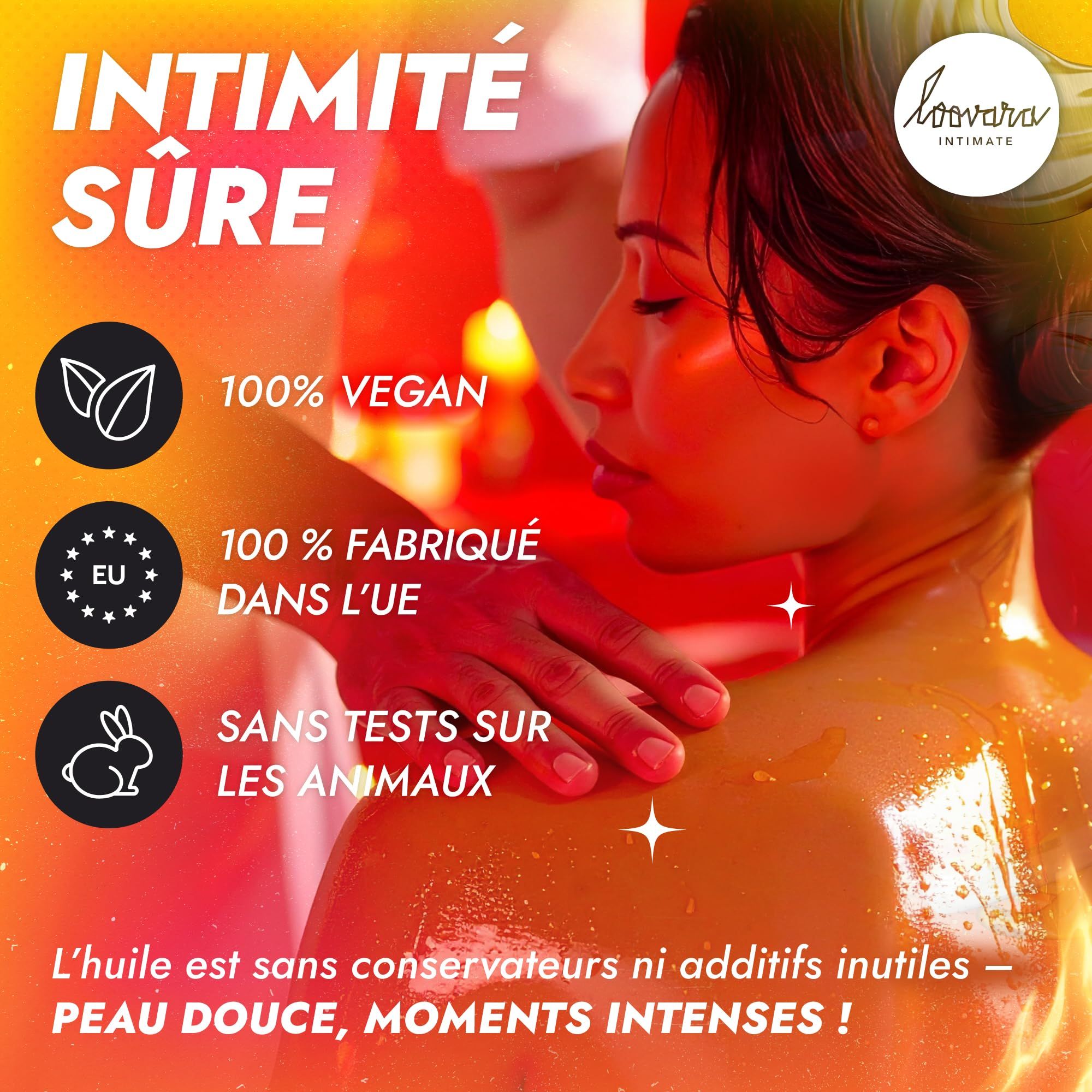 Bouteille d'huile de massage jaune, pompe. Étiquette jaune avec texte rose "THE BIG WARM UP?". Femme en arrière-plan. Icônes pour vegan, fabrication UE, non testé sur animaux.