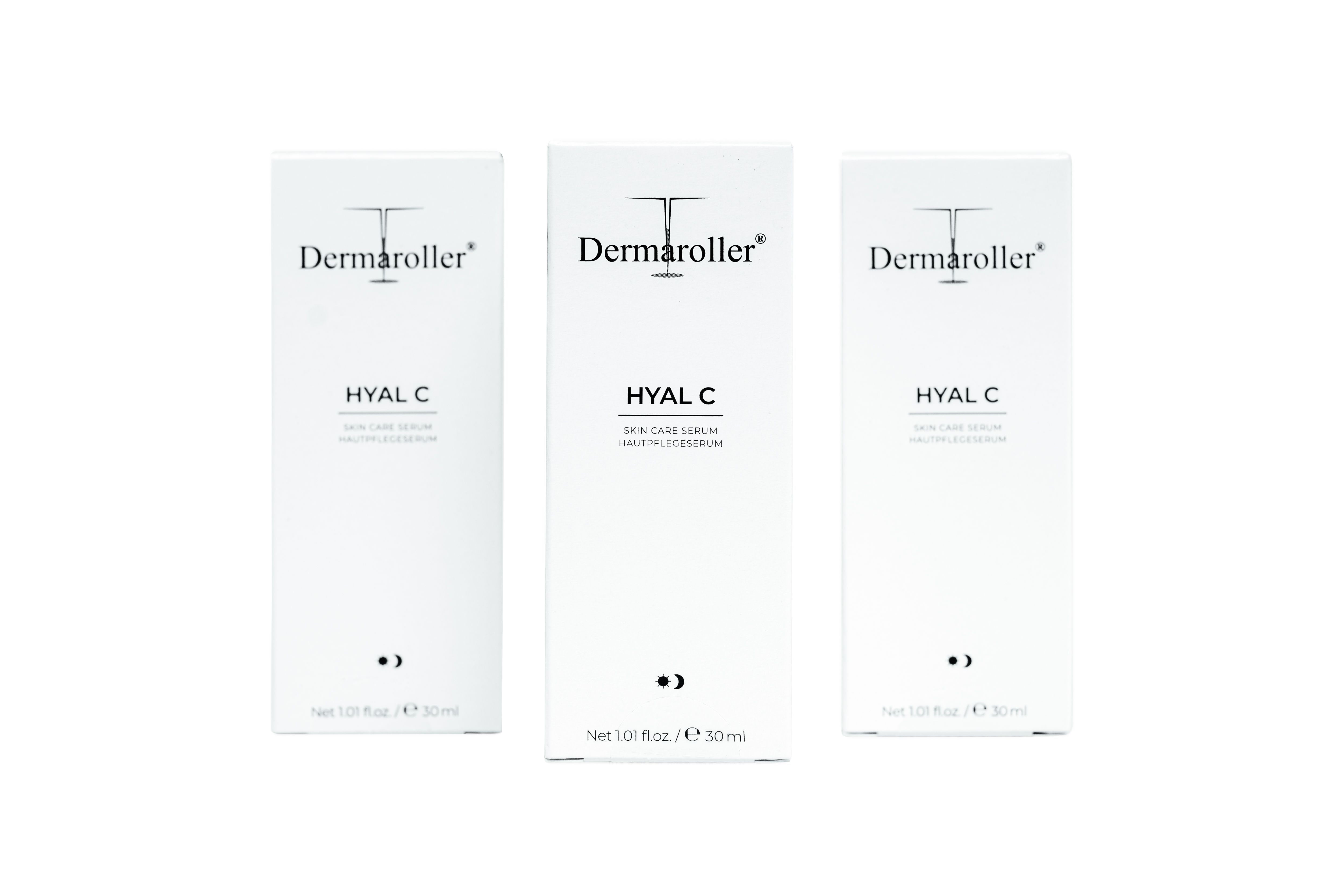 Drie Dermaroller Hyal C Serum doosjes naast elkaar.