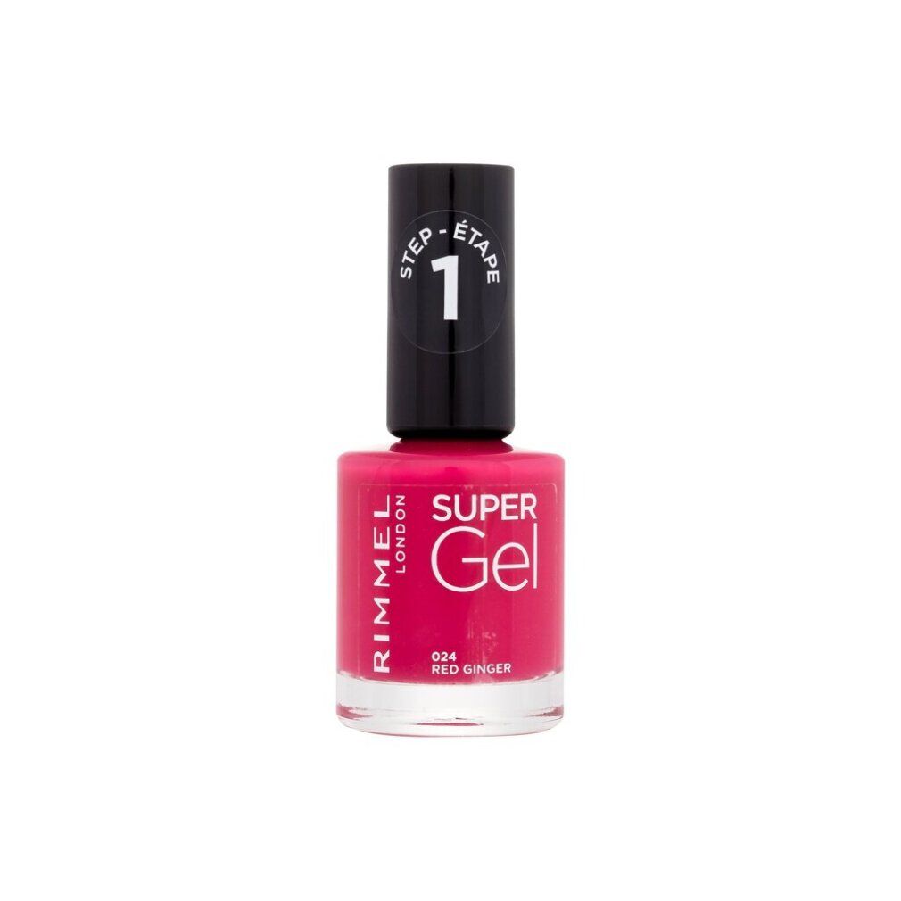 Vernis à ongles Rimmel Super Gel, rouge. Bouchon noir avec texte blanc. Inscription: Super Gel, 024 Red Ginger.