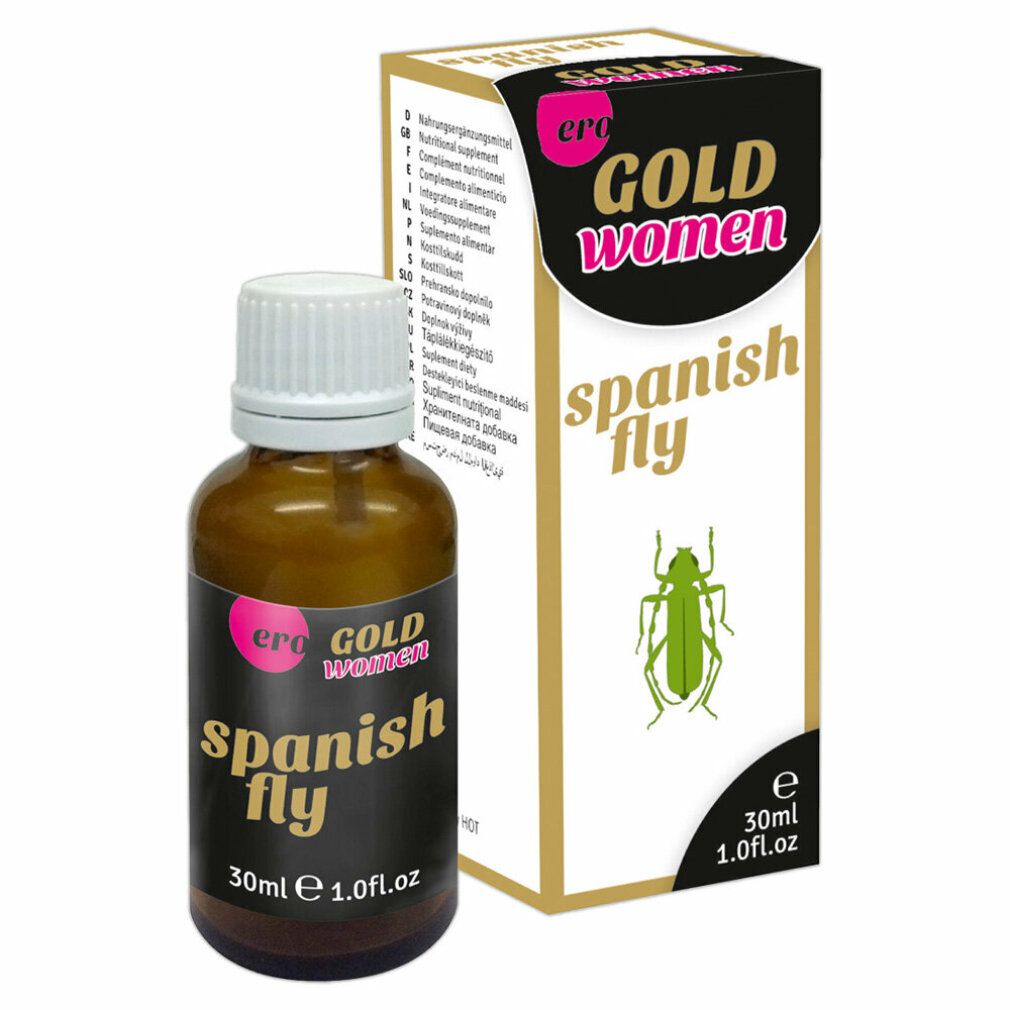 Bruine glazen fles met witte dop, ernaast een doos met de tekst 'Spanish Fly'.