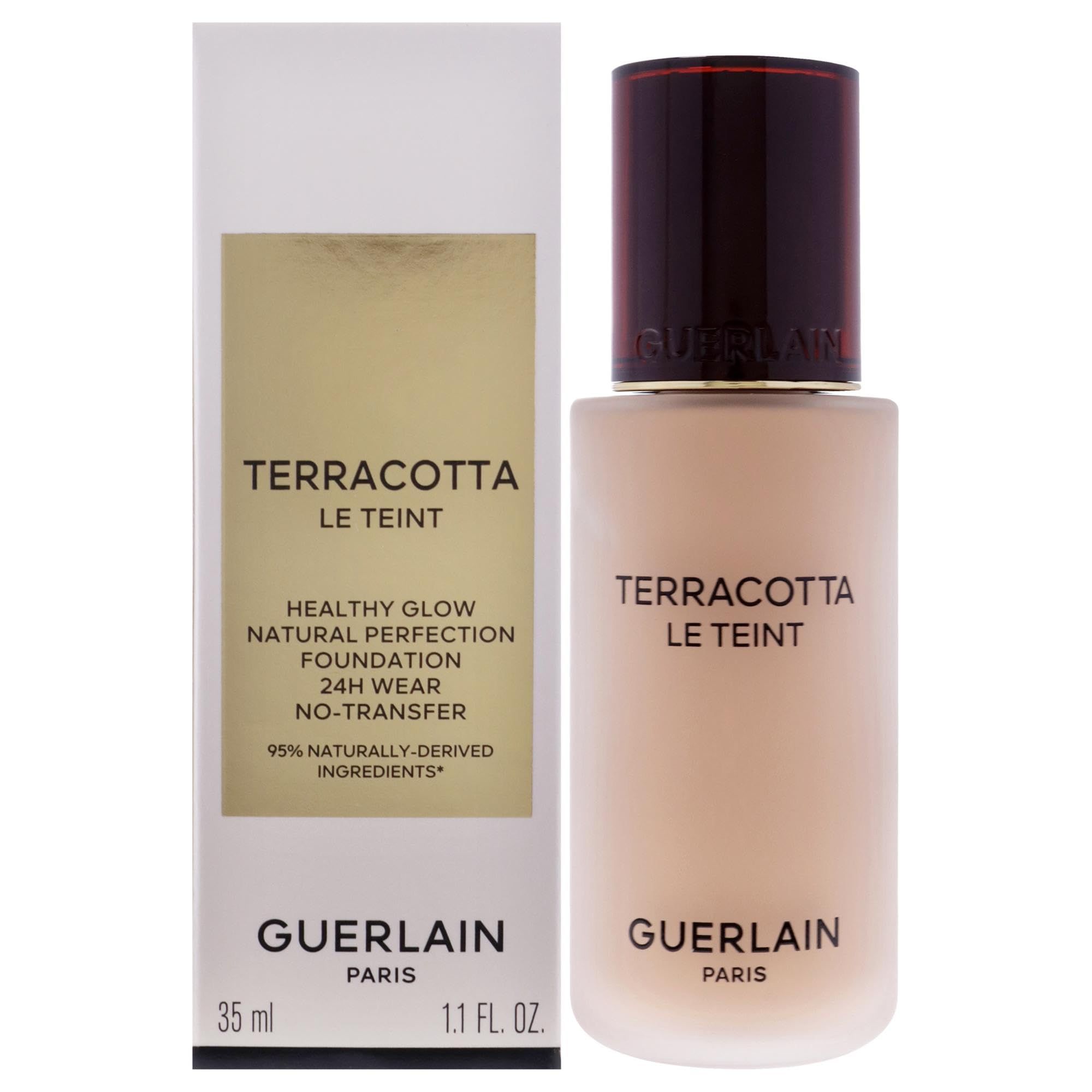Guerlain Terracotta Le Teint Foundation. Fles en verpakking. Tekst: Healthy Glow, Natural Perfection, 24H Wear, No-Transfer. 35 ml, 1.1 FL. OZ.