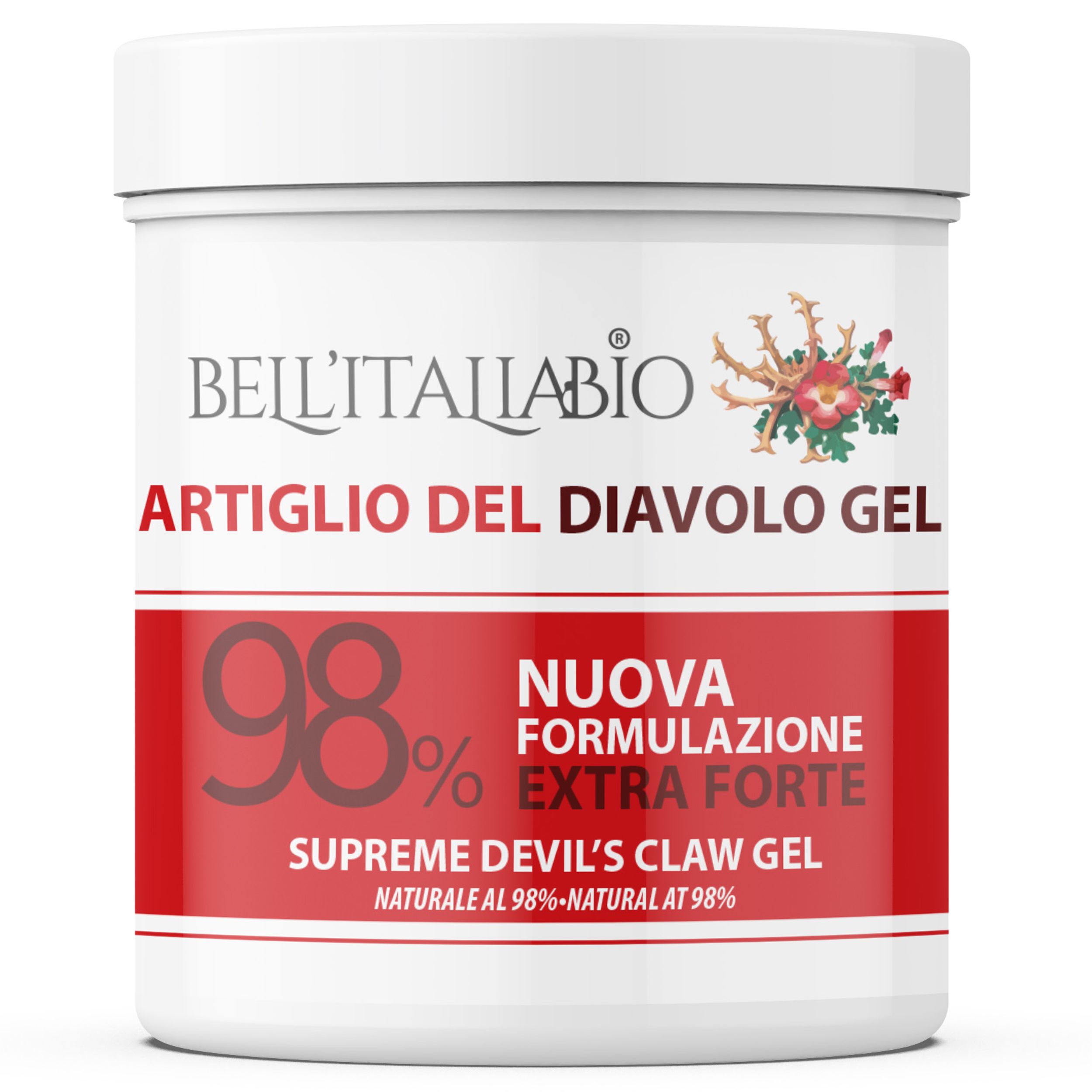 Witte pot met rood etiket. Tekst: BellItaliabio, Artiglio del Diavolo Gel, 98%, Extra Forte. Supreme Devil's Claw Gel. Natuurlijke ingrediënten.