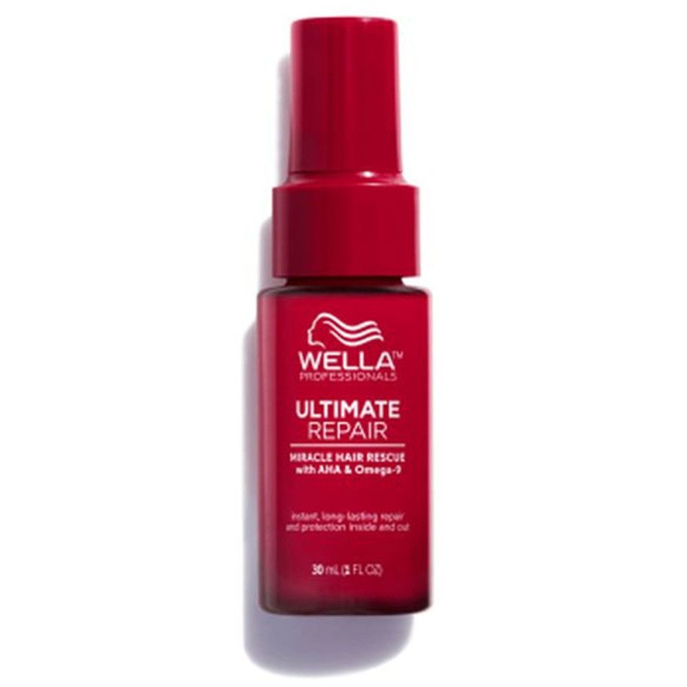 Rode fles met verstuiver. Opschrift: Wella Professionals, Ultimate Repair Miracle Hair Rescue. 30 ml.