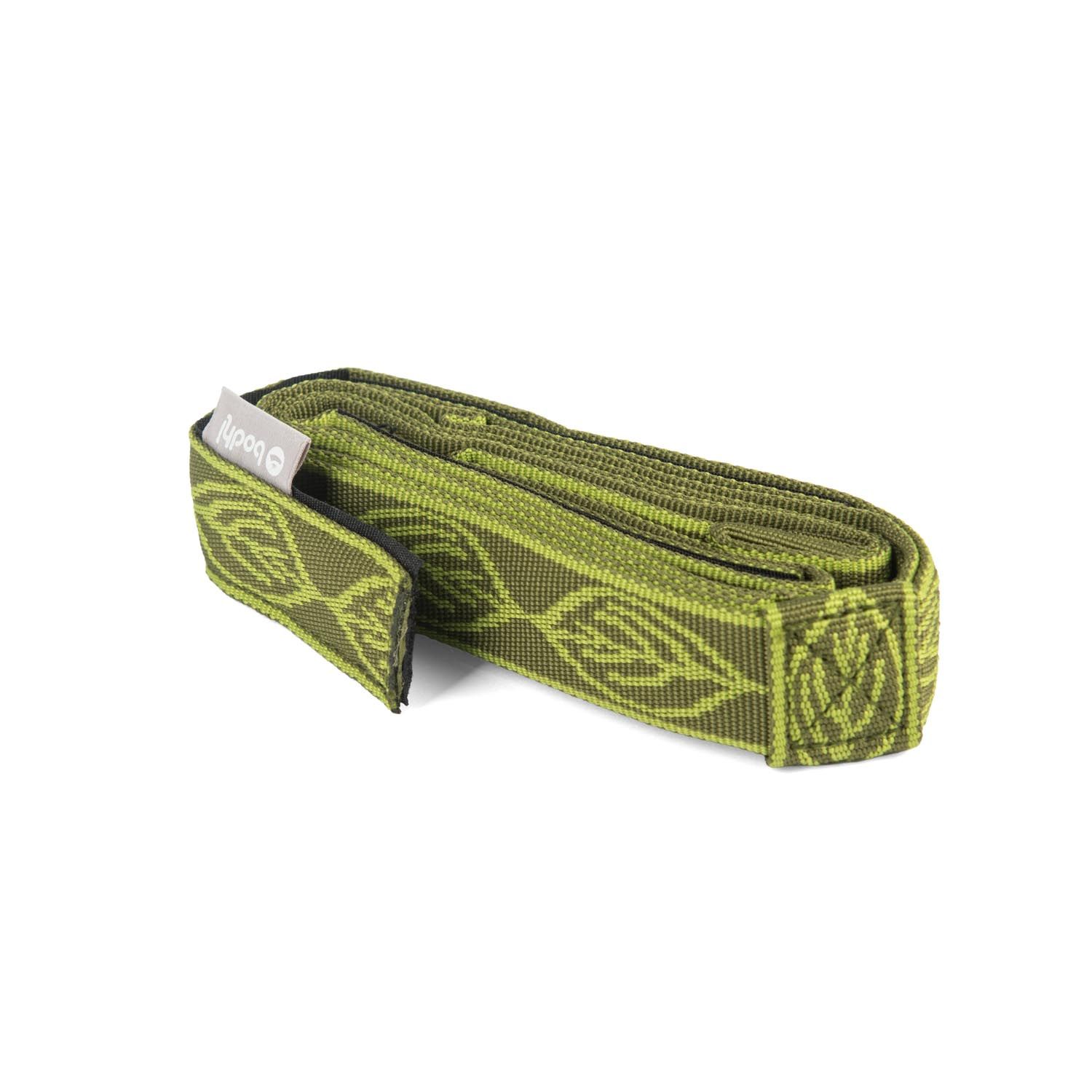 Sangle de transport olive pour tapis de yoga, motif feuilles. Logo Bodhi. Matériau tissé.