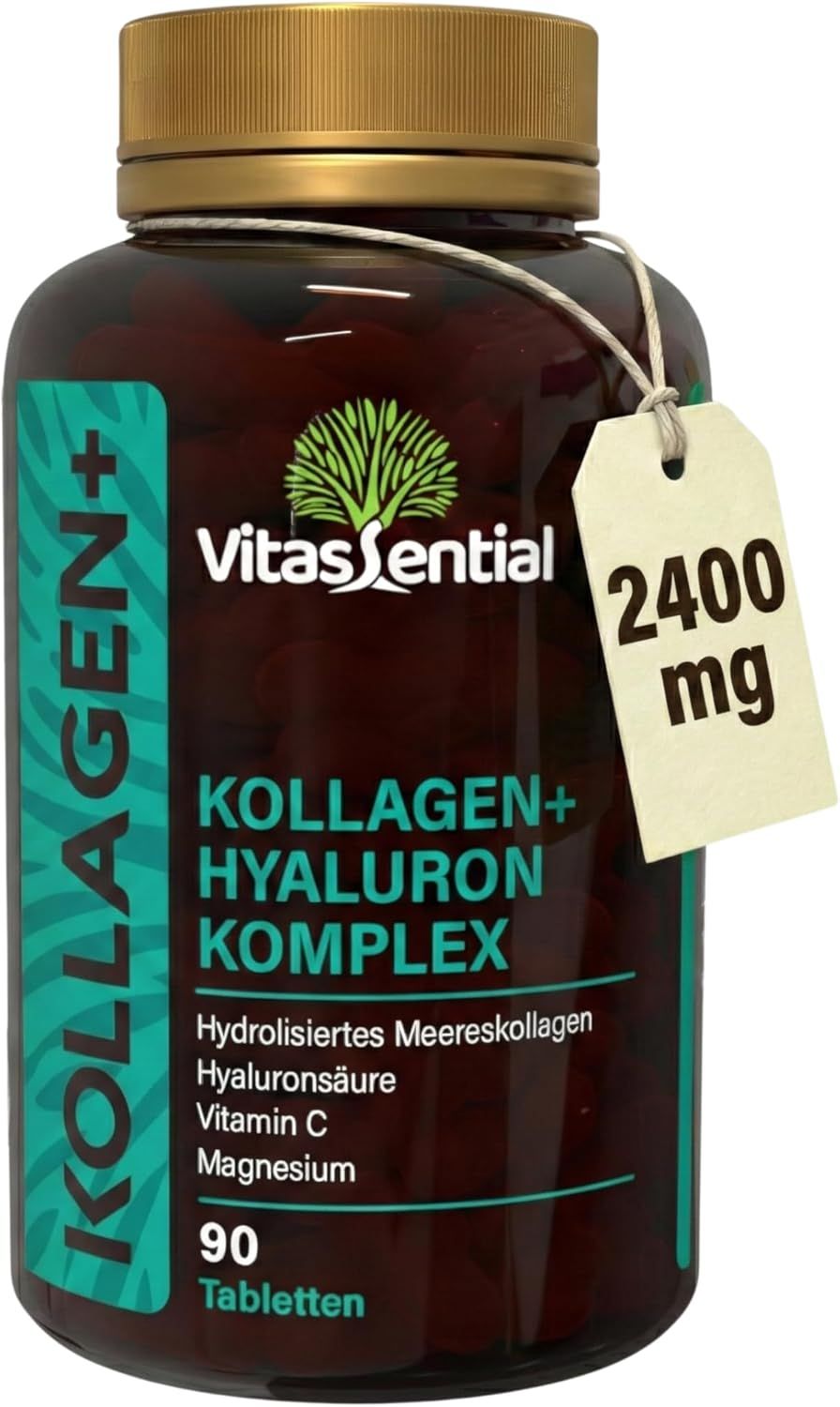 Flacon marron avec comprimés. Texte: Vitassential Collagène+ Hyaluron Complexe. 90 comprimés. Étiquette: 2400 mg.