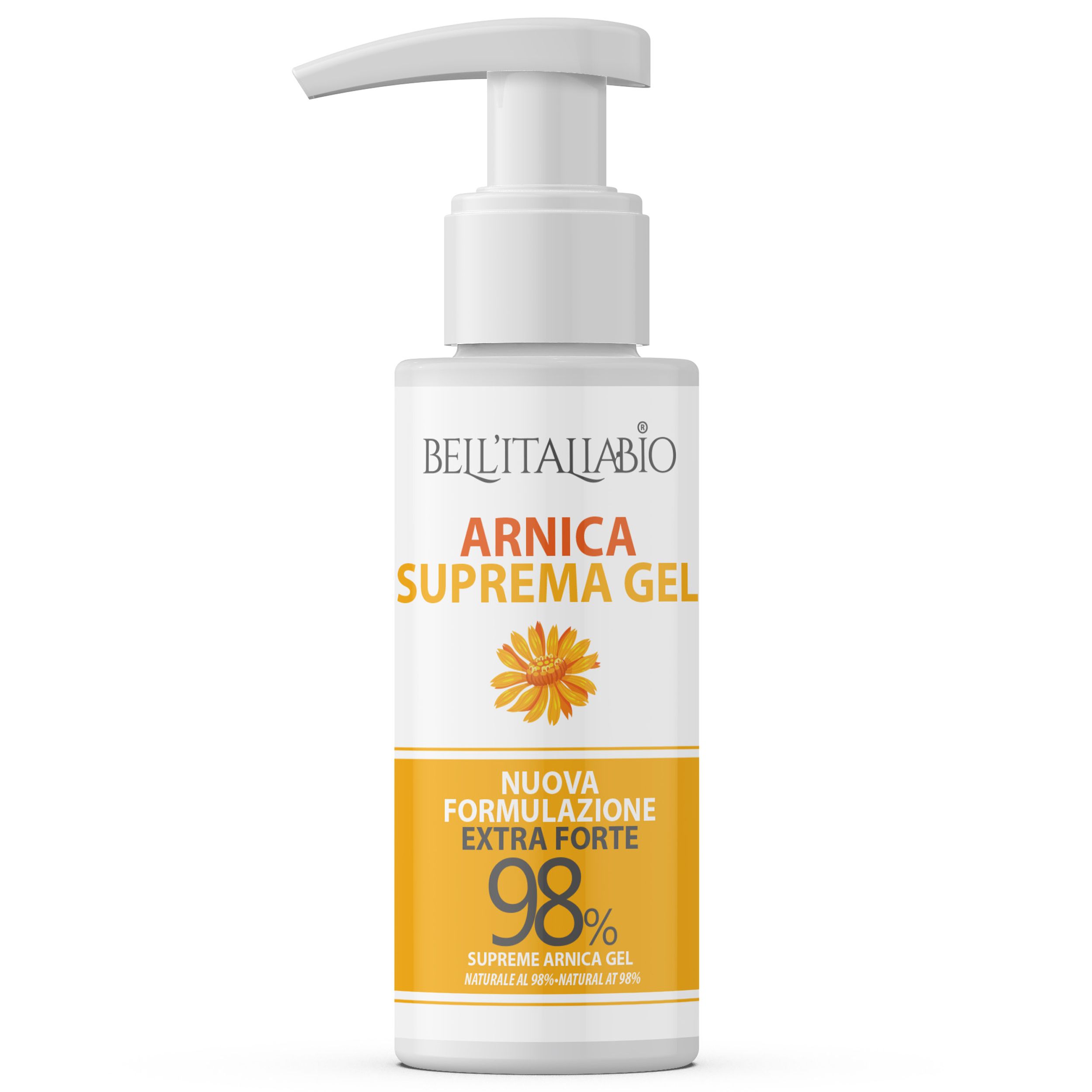Witte fles met pomp. Opschrift: BellItaliabio Arnika Supreme Gel. Gel met 98% arnica. Nieuwe extra sterke formule.