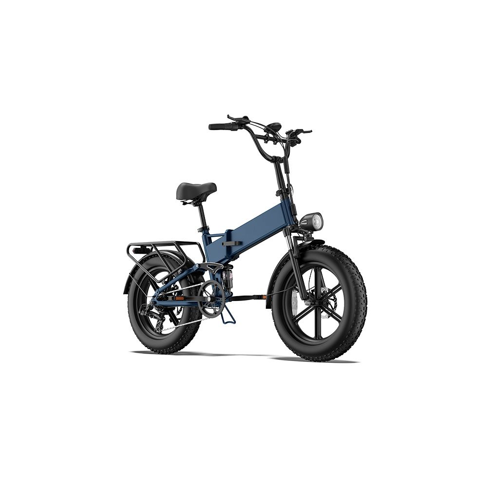 Vélo électrique pliable, vue latérale. Pneus noirs, porte-bagages, selle. Conception de cadre bleu. Sur fond blanc.