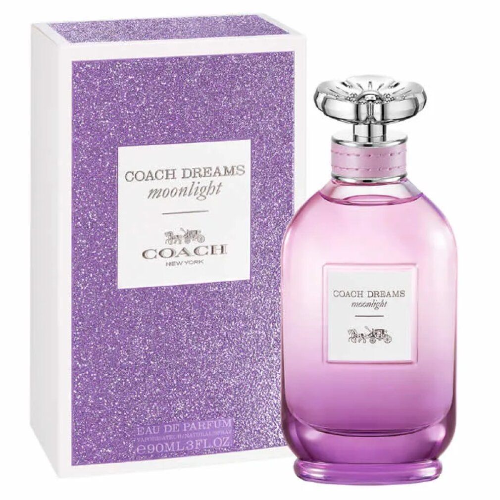 Coach Dreams Moonlight Eau de Parfum Spray. Flacon et emballage. Dégradé de violet, bouchon argenté. Logo sur étiquette et boîte.
