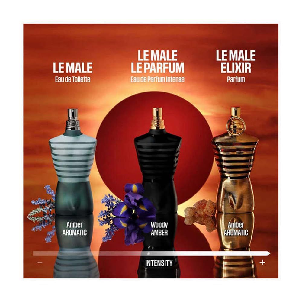 Drie torsoflacons. Le Male, Le Male Le Parfum en Le Male Elixir. Opschrift: Eau de Toilette, Eau de Parfum Intense, Parfum.