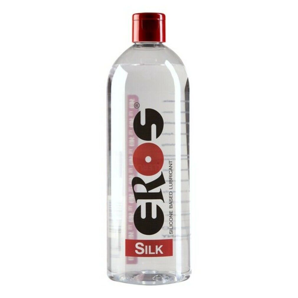 Flacon transparent avec bouchon rouge. Inscription : EROS, SILK. Texte : SILICONE BASED LUBRICANT.
