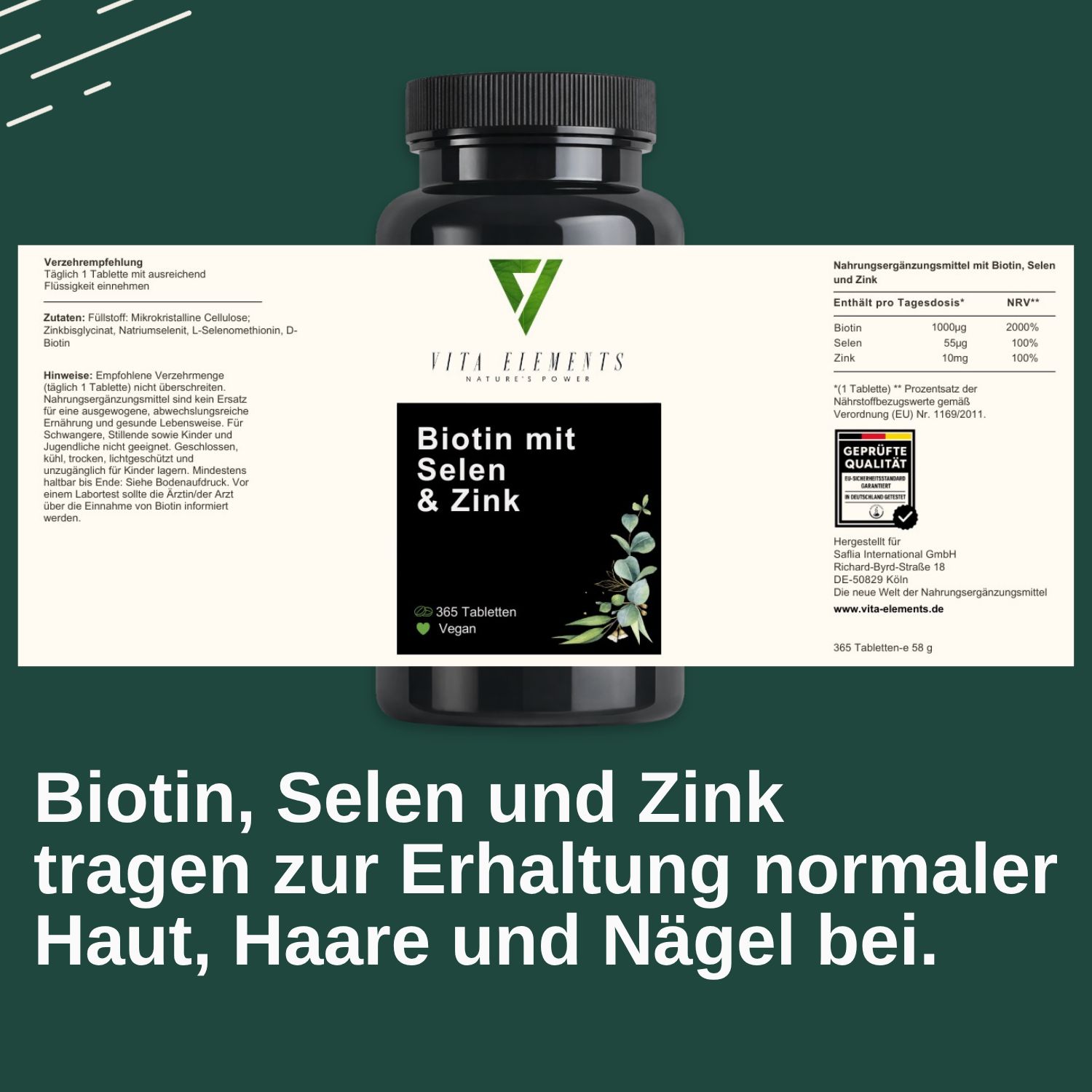 Flacon Vita Elements Biotine avec Sélénium et Zinc, 365 comprimés vegan.