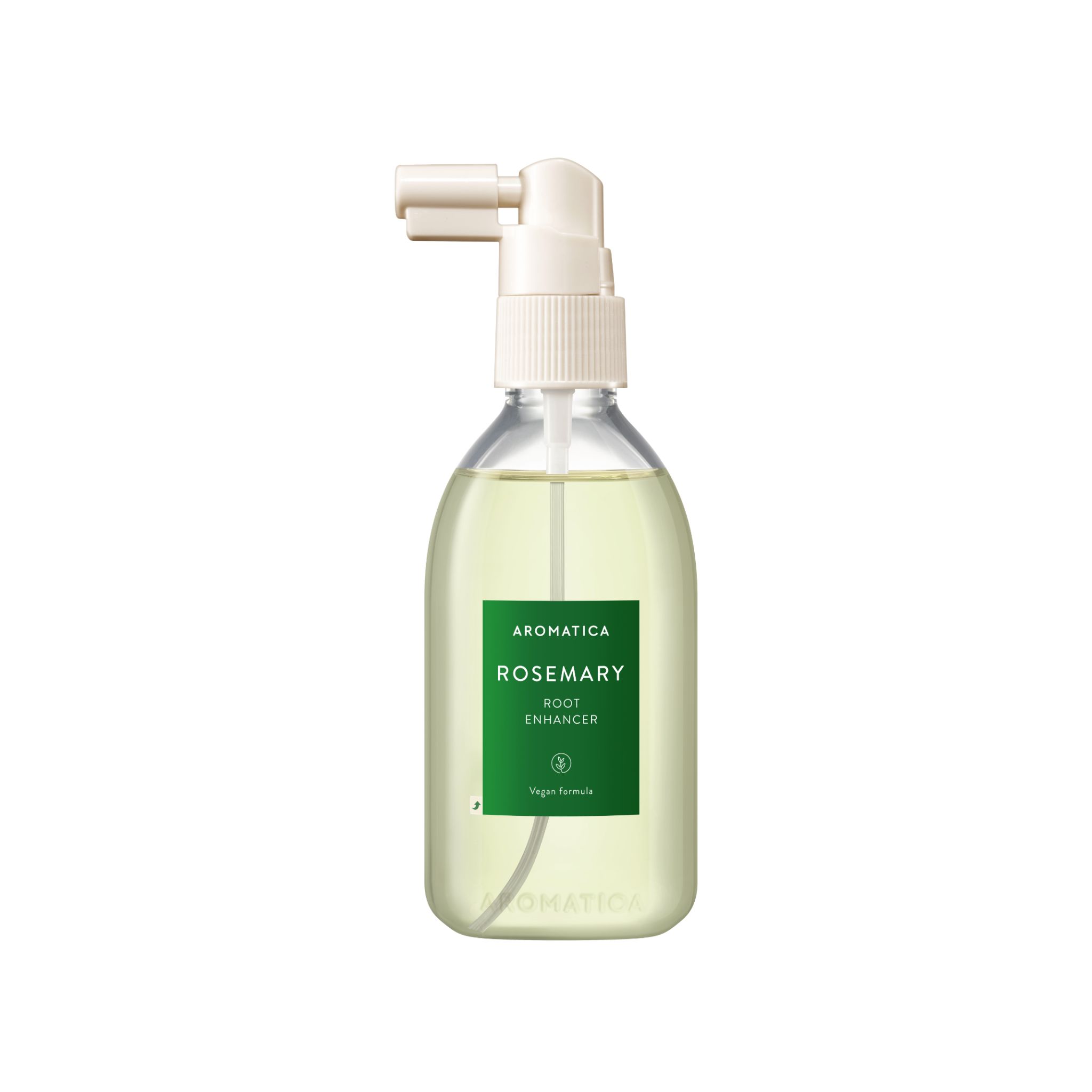Flacon avec applicateur transparent contenant un liquide jaune pâle. L'étiquette indique "AROMATICA ROSEMARY ROOT ENHANCER".