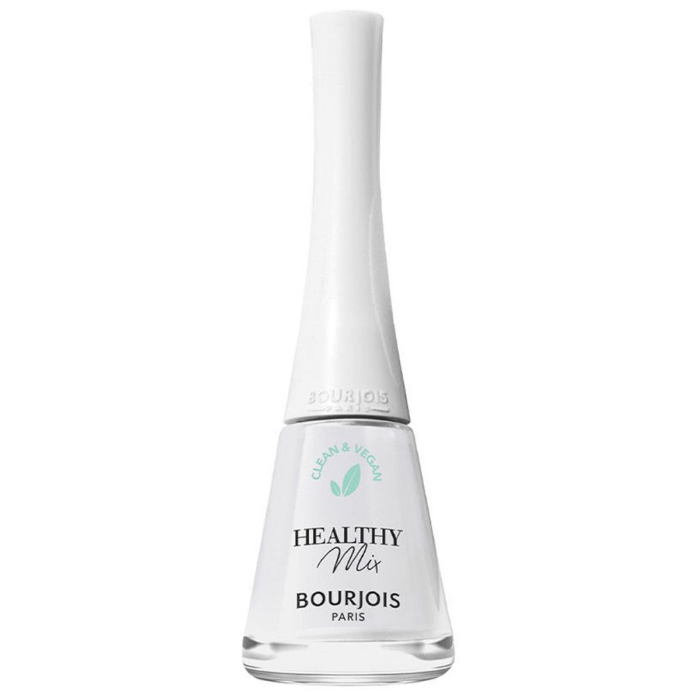 Flacon de vernis à ongles blanc. Inscription: Healthy Mix, Bourjois Paris. Logo Clean & Vegan.