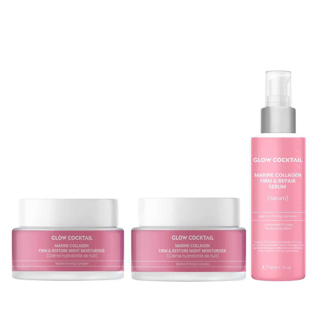 Trois produits cosmétiques : deux pots et une bouteille avec pompe. Étiquettes roses avec texte : Glow Cocktail, Marine Collagen.