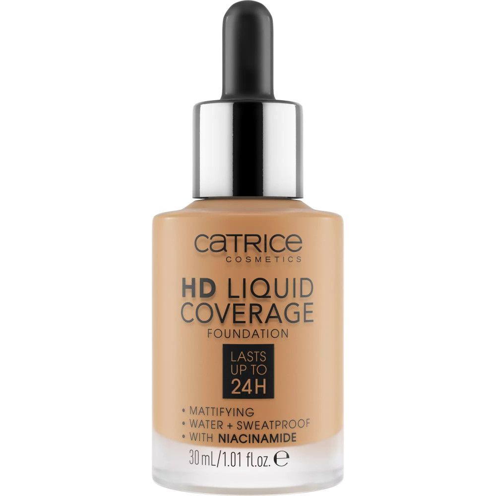 Fond de teint Catrice HD Liquid Coverage en flacon. Inscription: HD Liquid Coverage Foundation. Matifiant, résistant à l'eau, à la transpiration, avec Niacinamide.