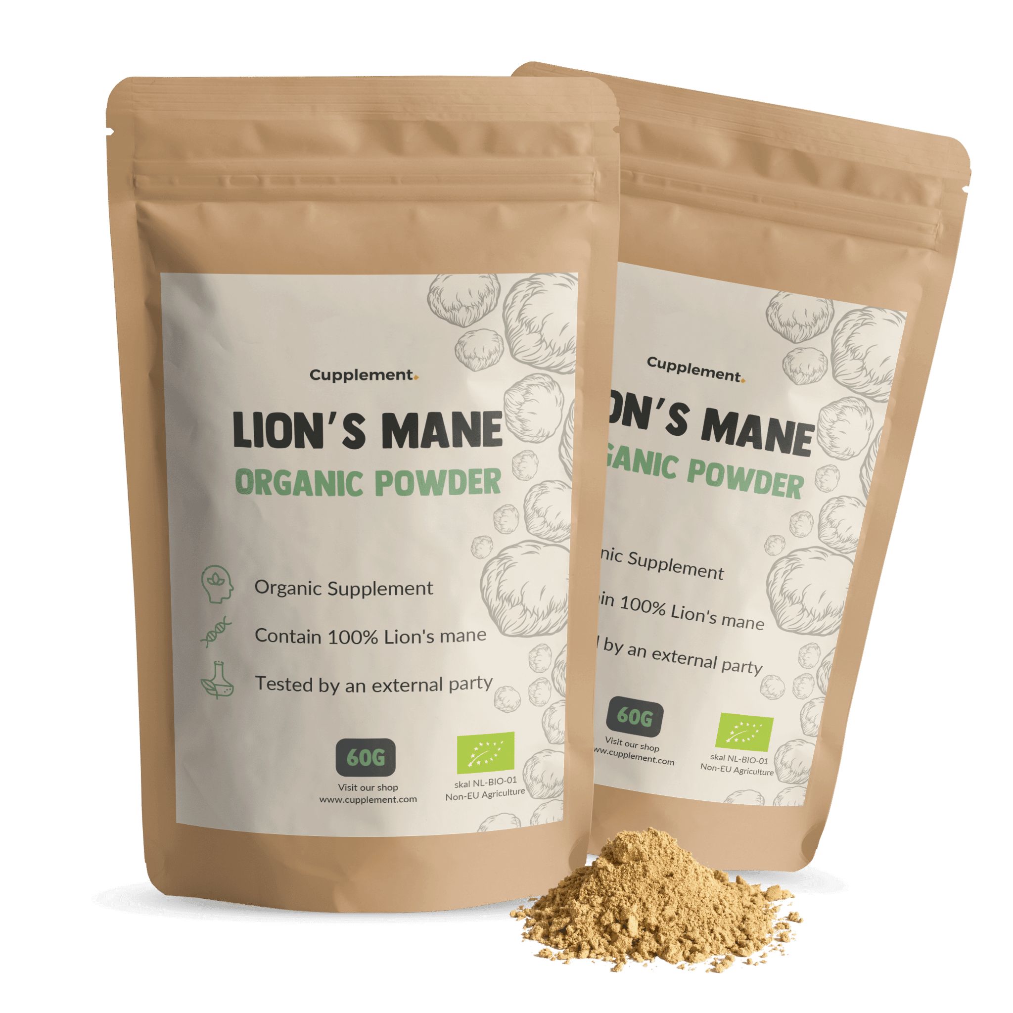 Deux sachets de poudre de crinière de lion. Emballage en papier brun avec étiquette blanche. 60g. Label bio.