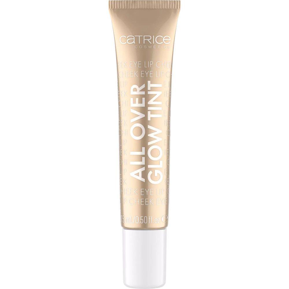 Catrice All Over Glow Tint tube. Gouden tube met witte dop. Opschrift: ALL OVER GLOW TINT.