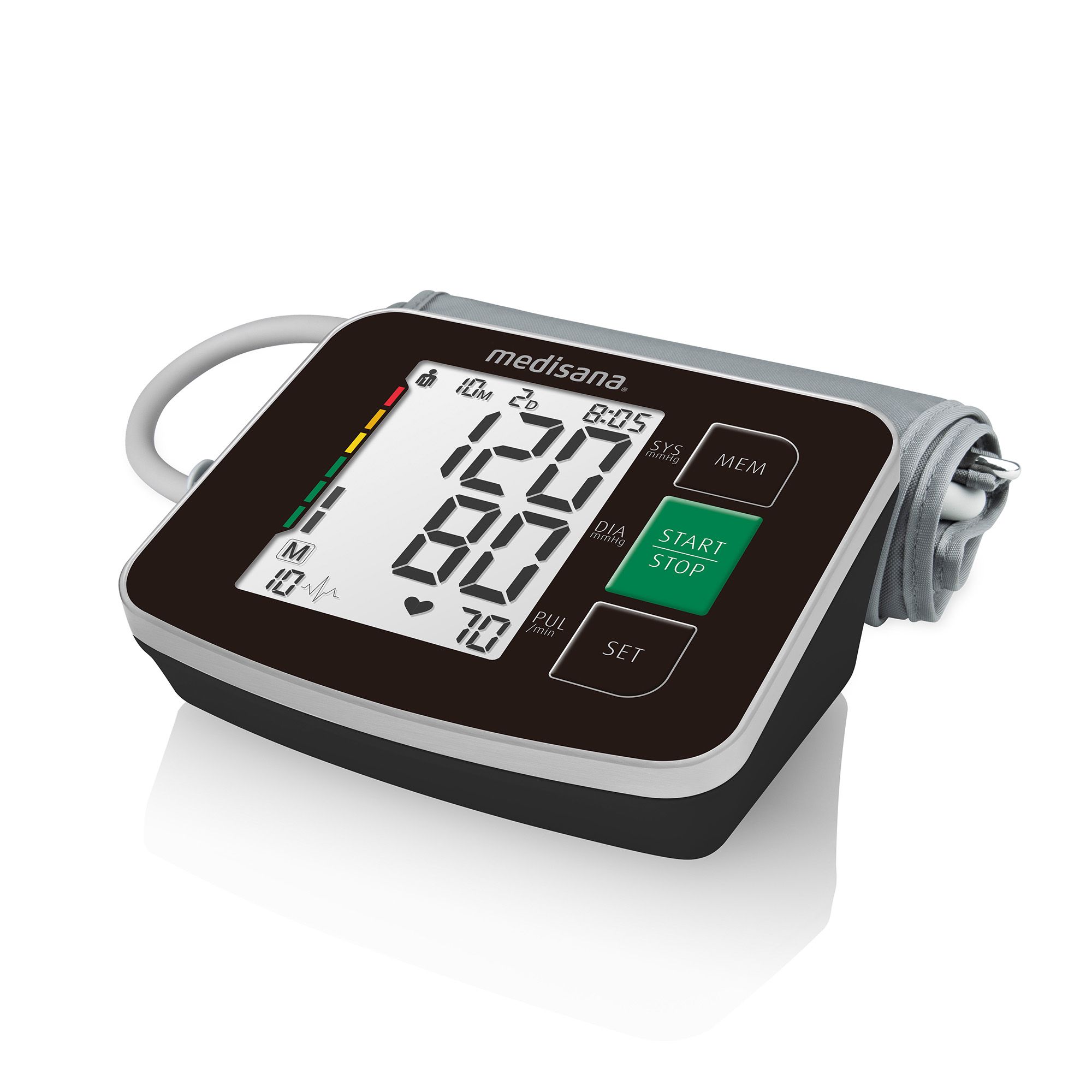 Medisana bovenarm bloeddrukmeter met digitaal display en manchet.
