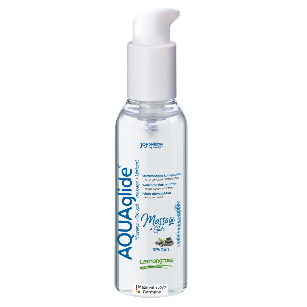 Flacon transparent avec pompe blanche. Inscription: AQUAglide Massage + Glide, Lemongrass. Fabriqué en Allemagne.