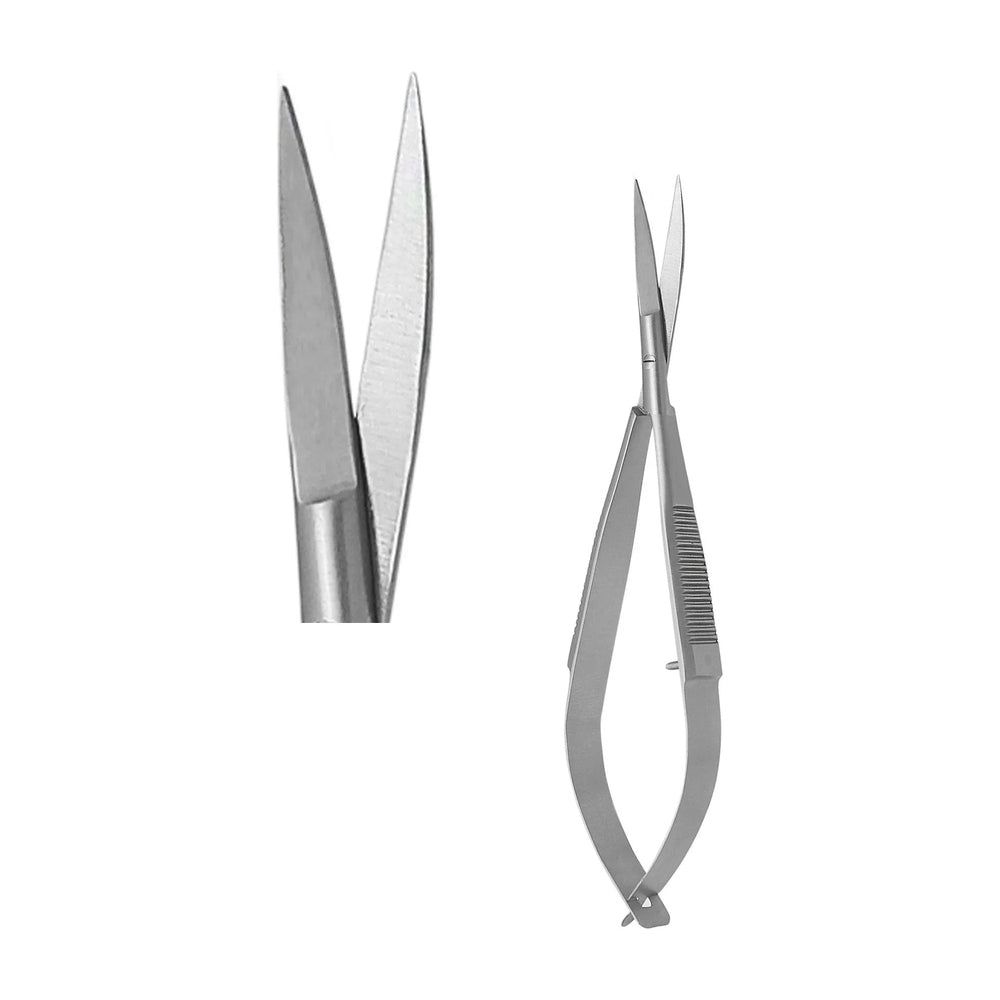 Ciseaux fins et incurvés en métal. Vue détaillée de la pointe. Poignées striées.