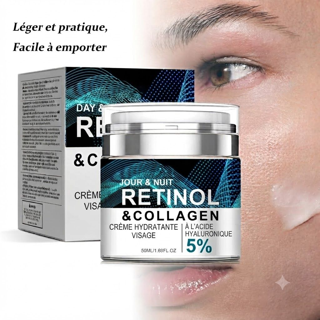 Pot de crème avec rétinol et collagène, 50ml, et sa boîte. Contient de l'acide hyaluronique.