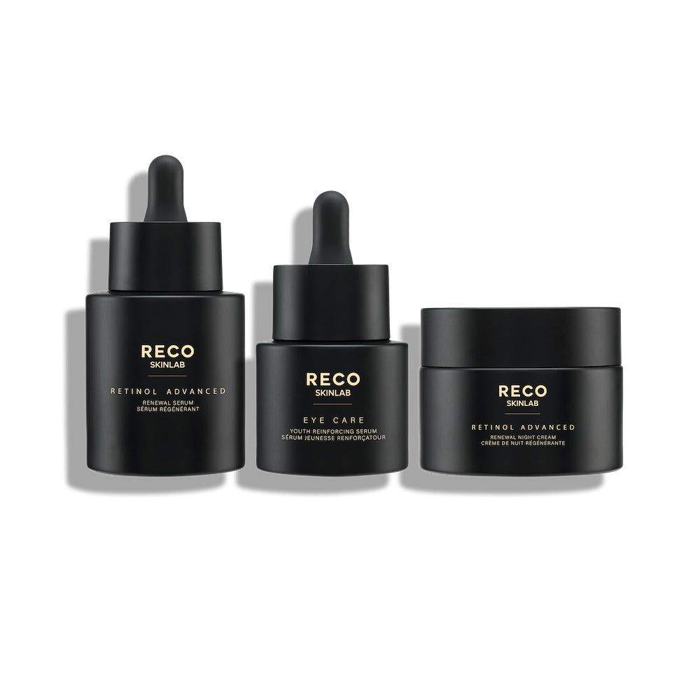 Trois flacons noirs RECO SKINLAB. Contiennent Sérum Rétinol Advanced, Sérum Eye Care et crème. Tous avec pipettes.