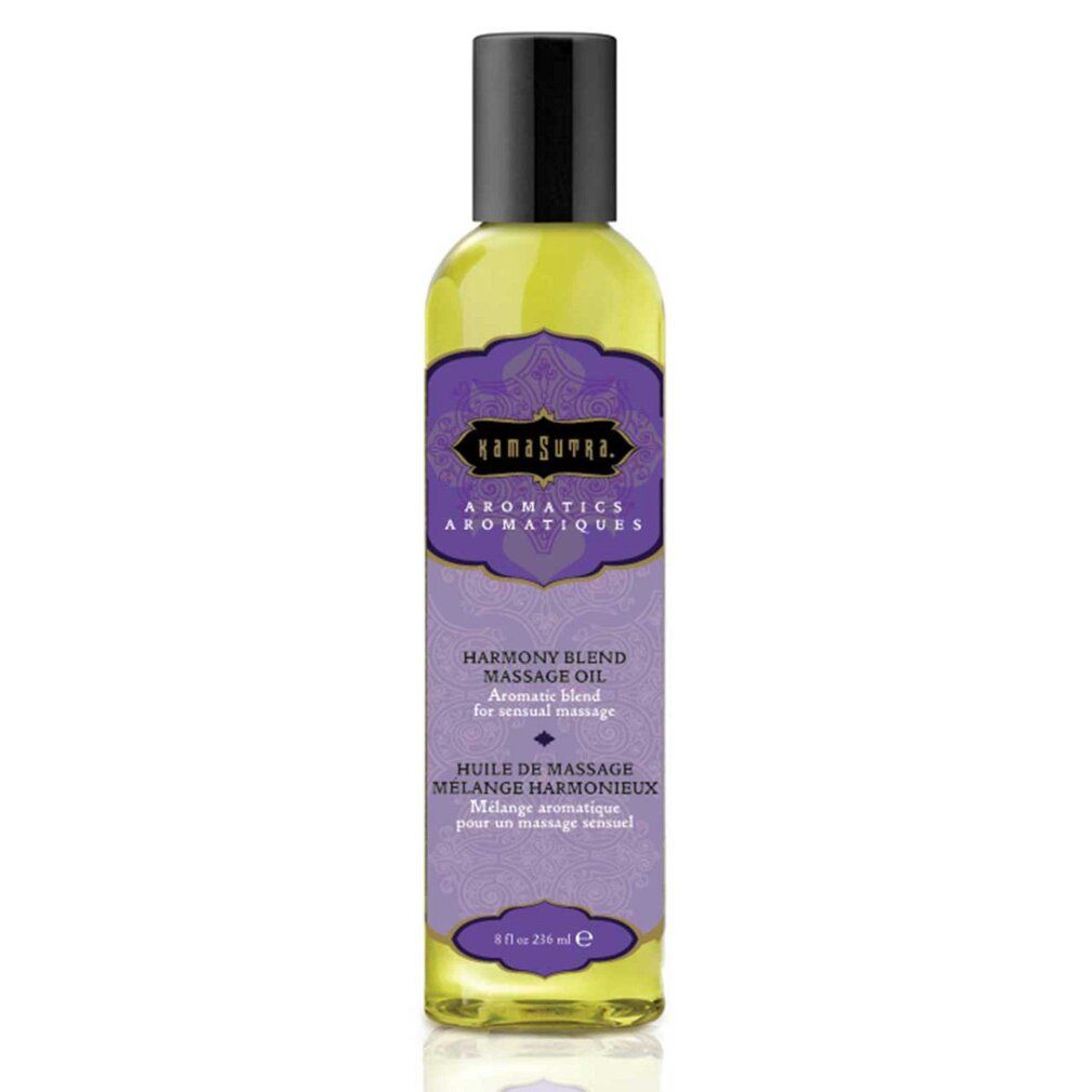 Bouteille d'huile de massage avec étiquette violette et bouchon noir.
