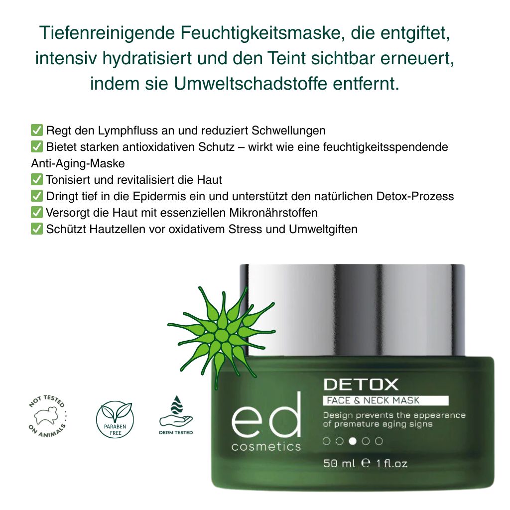 Pot vert avec couvercle argenté. Texte et illustrations. Inscription : "ed cosmetics DETOX FACE & NECK MASK".