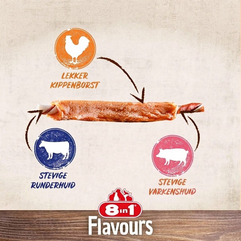 Een hondensnack met kipfilet, runderhuid en varkenshuid. Merk: 8in1 Flavours.
