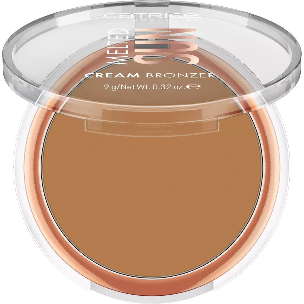 Bronzer crème Catrice dans un emballage transparent ouvert. Couleur marron, inscription : Melted Sun, Cream Bronzer.