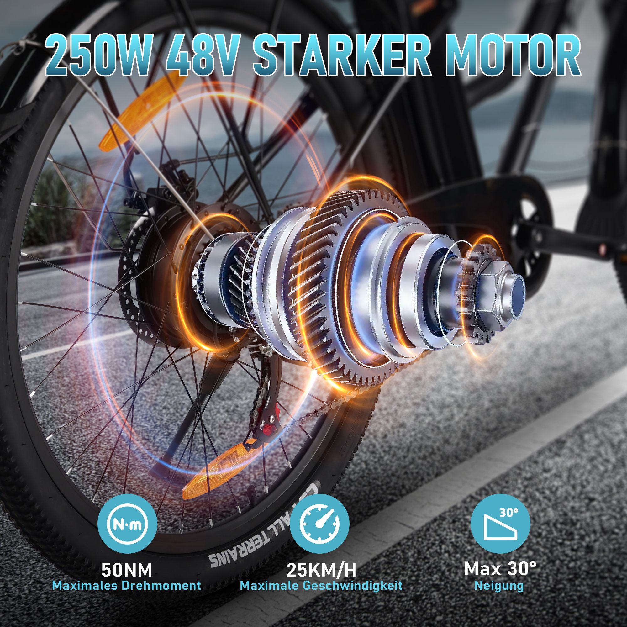 E-bike detail. 250W motor. 50NM koppel. Max. snelheid 25KM/H. Max. 30° helling. Tandwielen.