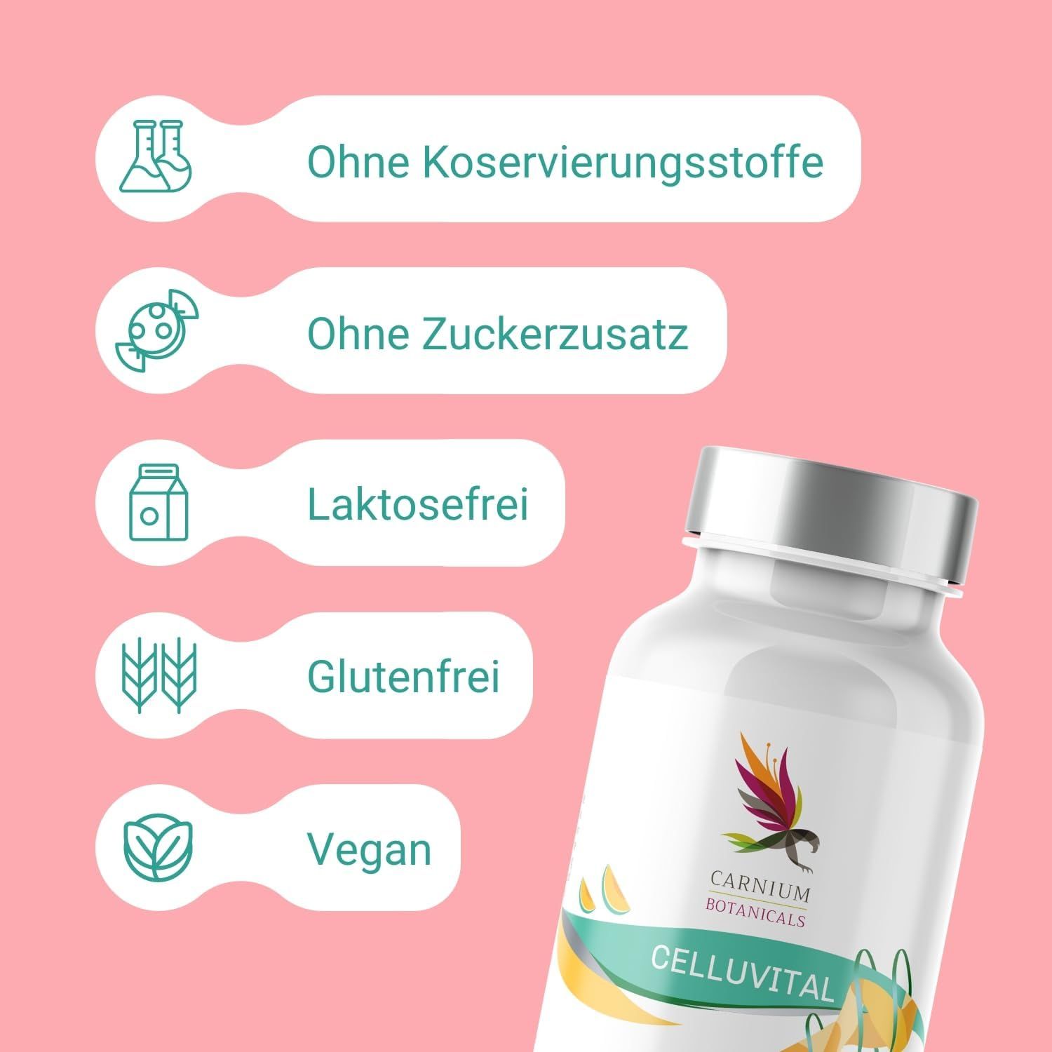 Flacon CELLUVITAL à côté de symboles: Sans conservateurs, sans sucre ajouté, sans lactose, sans gluten, végétalien.