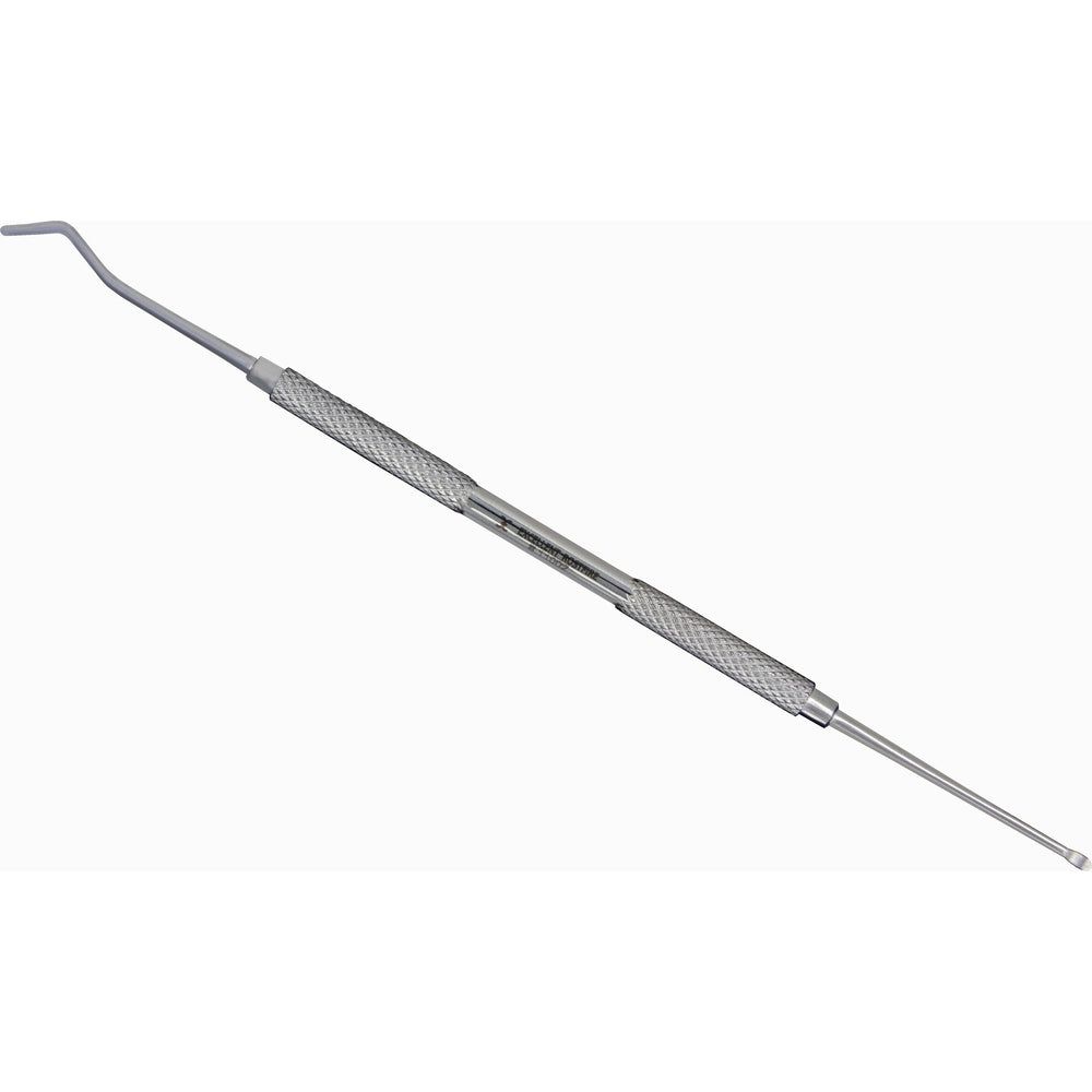 Dubbelzijdig metalen medisch instrument. Eén uiteinde is gebogen, het andere puntig.