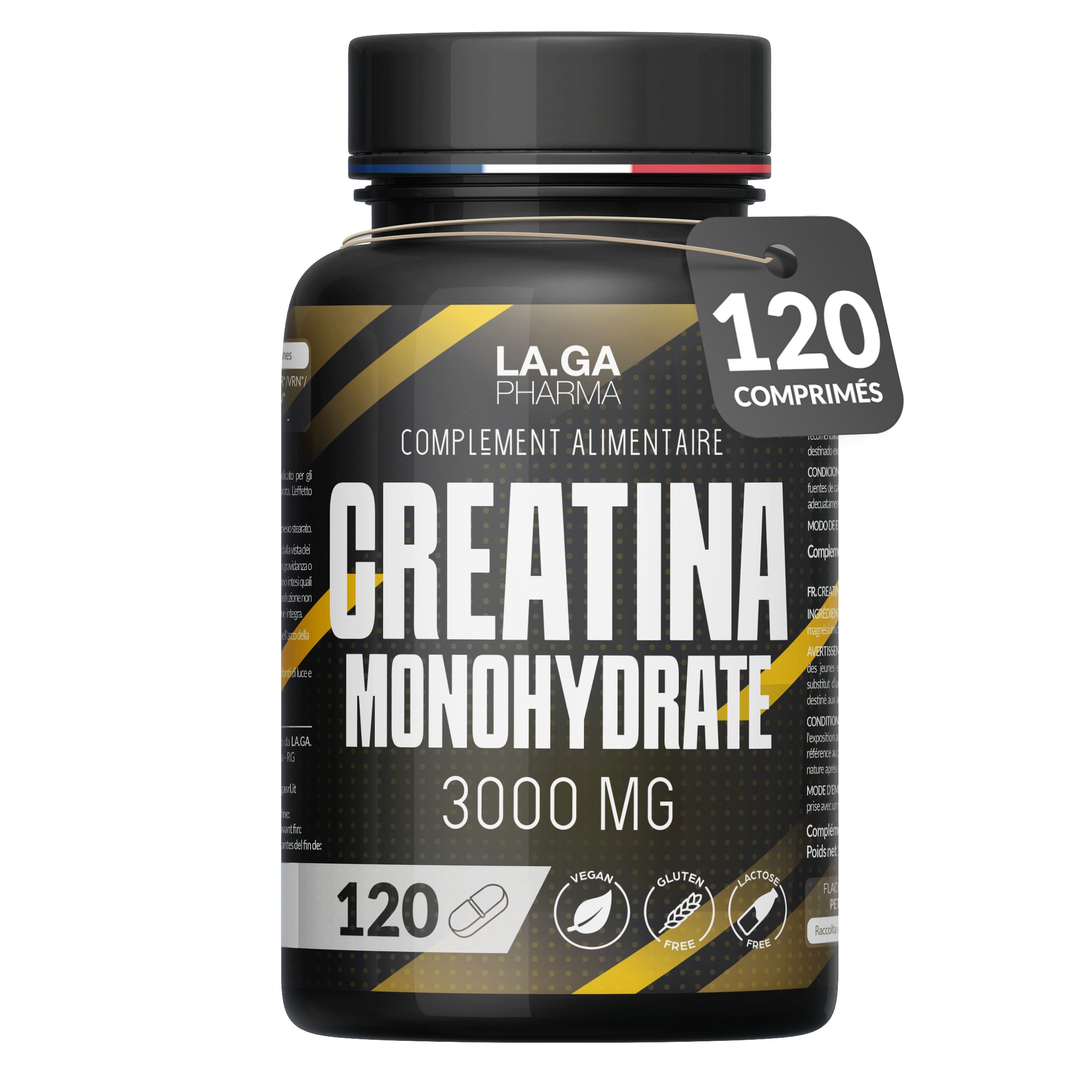 Bruine fles, zwarte dop. Opschrift: Creatina Monohydrate 3000 MG, 120 comprimés. LA.GA Pharma. Met label.