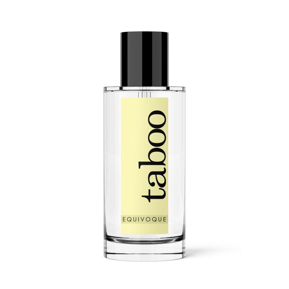 Eau de Toilette Taboo Equivoque Unisex, 50ml, 80% Vol. in een heldere glazen fles met zwarte dop.
