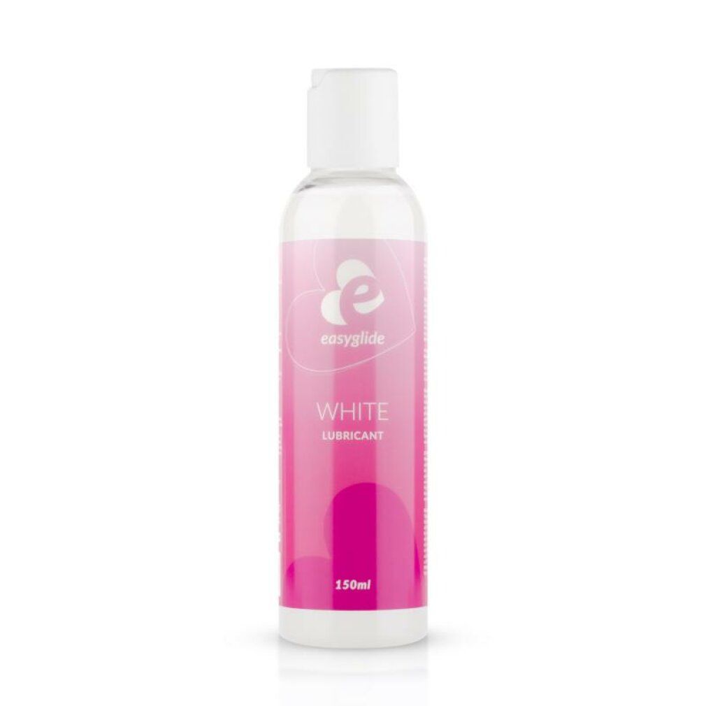 Transparante fles met witte dop. Roze etiket met "easyglide", "WHITE LUBRICANT" en 150ml.