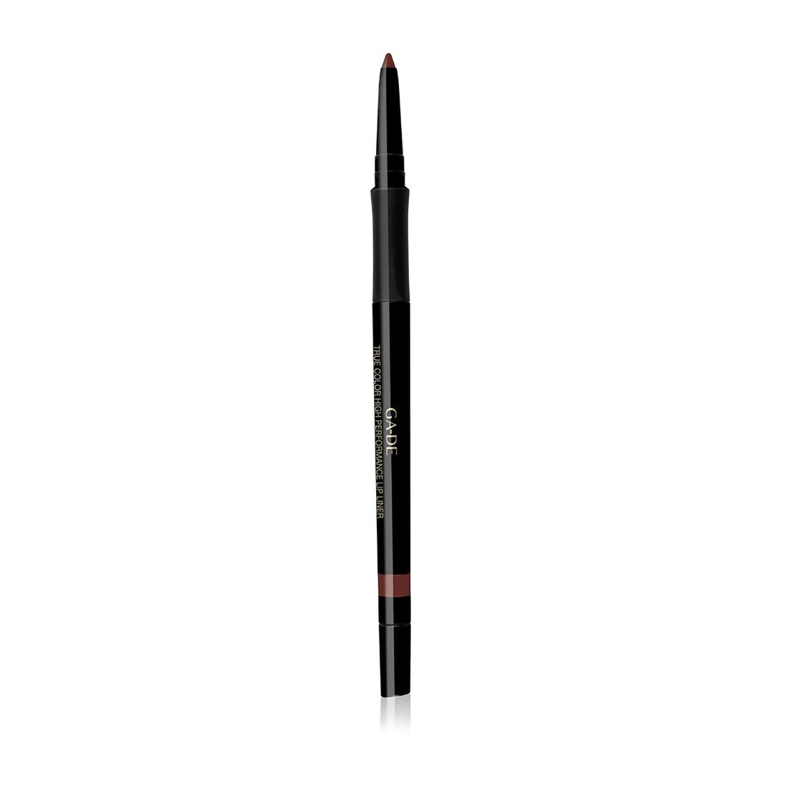 Zwarte lipliner met bruine punt. De tekst "GA-DE" is zichtbaar op de stift.