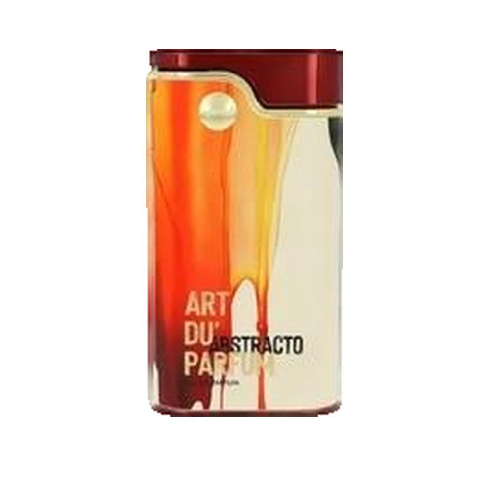 Parfumfles met rode dop en gouden sluiting. Opschrift: ART DU PARFUM ABSTRACTO.