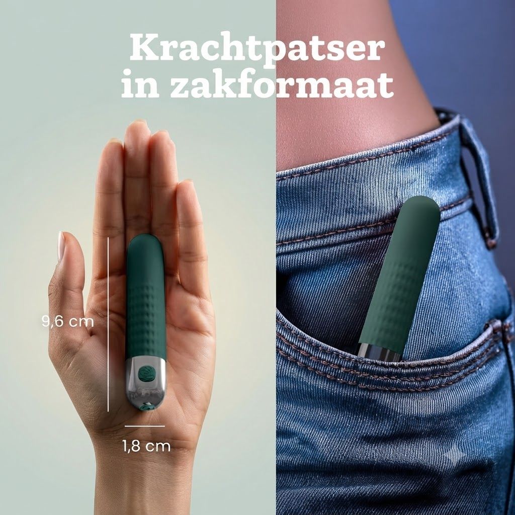 Donkergroene vibrator in handformaat (9,6 cm lang, 1,8 cm diameter) met zilveren bedieningsknop.