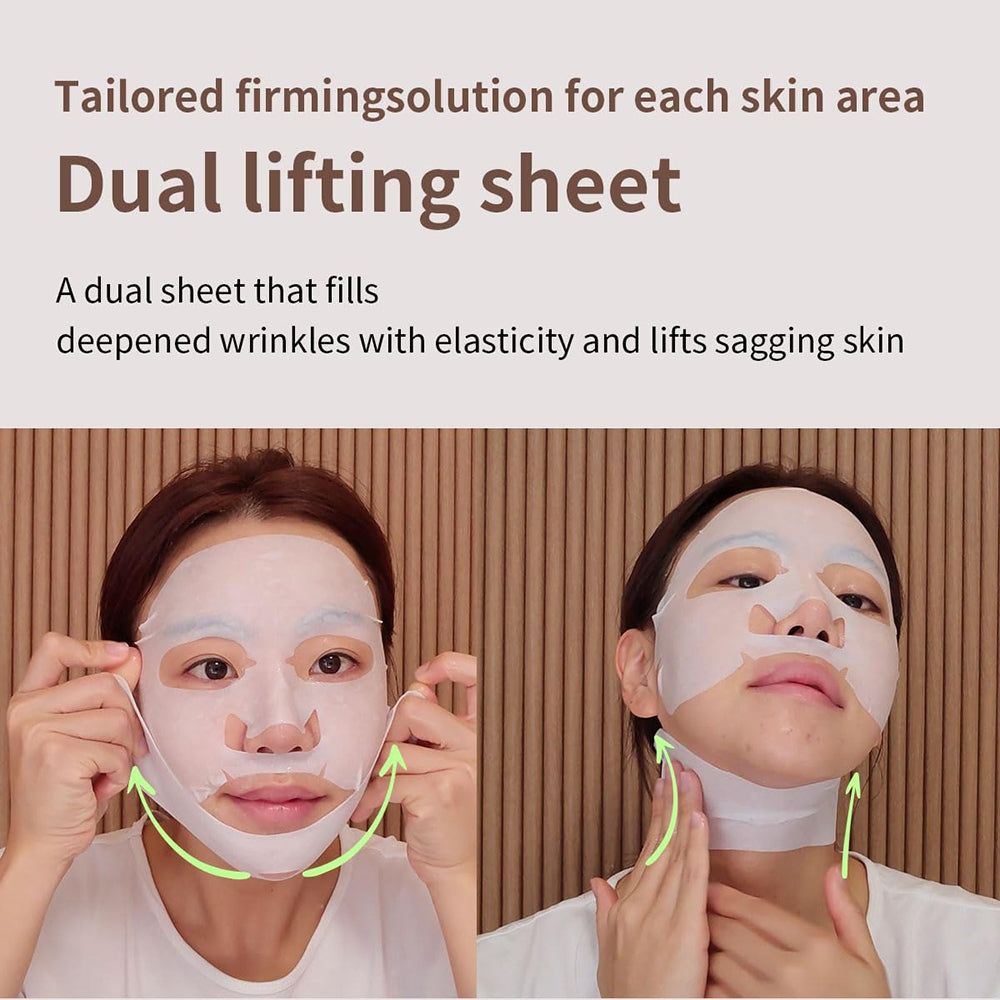 Twee vrouwen met gezichtsmaskers. Groene pijlen wijzen naar de maskers. Tekst: "Dual lifting sheet".