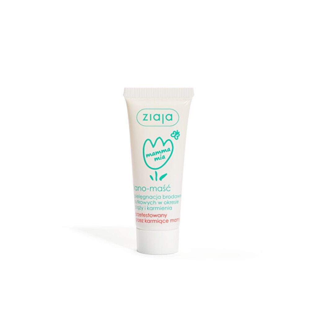 Tube de crème avec nom et logo du produit. Texte vert clair sur fond blanc. Inscription : Mamma Mia.