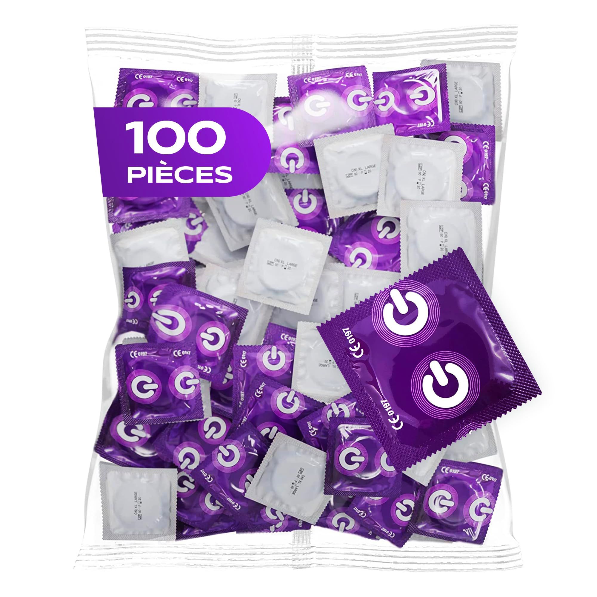 Pack de 100 préservatifs, emballages violet et blanc, avec logo bouton d'alimentation.