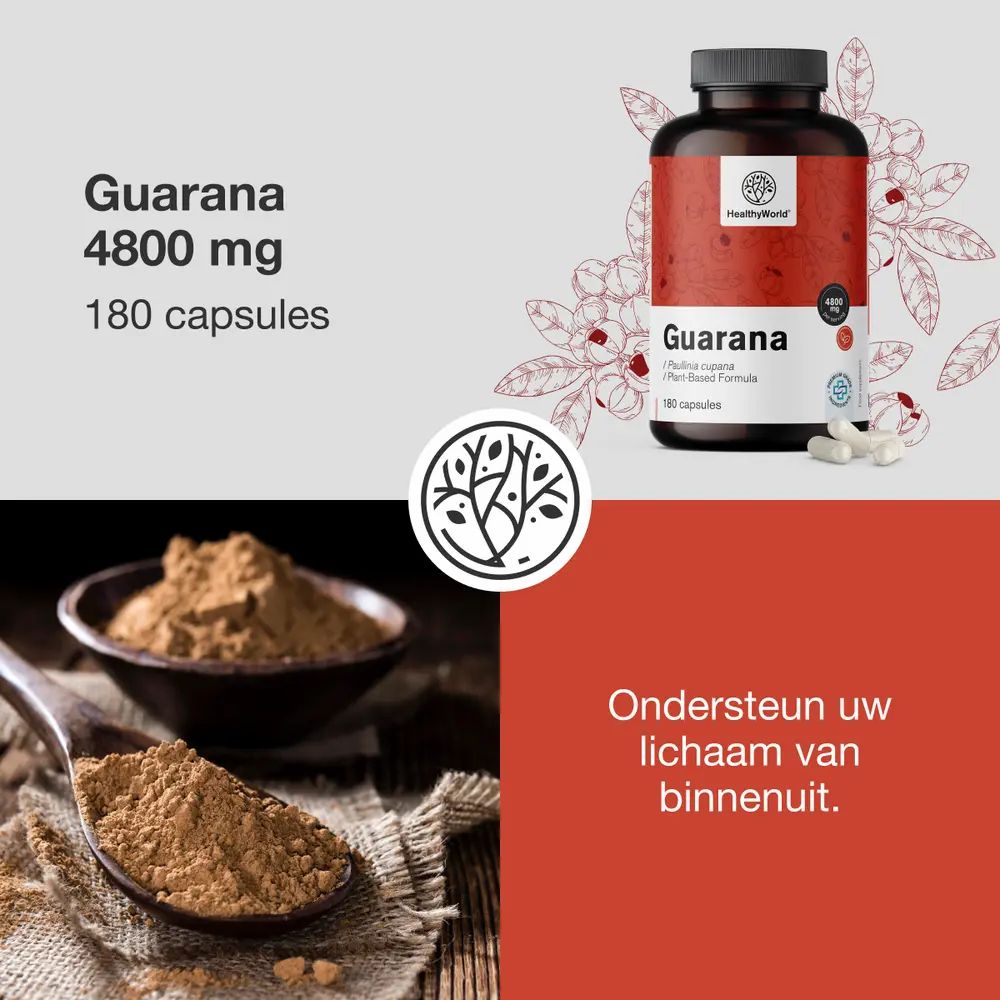 Guarana capsules, poeder en fles. Opschrift: HealthyWorld, Guarana 4800 mg, 180 capsules. Tekst: Ondersteun uw lichaam van binnenuit.