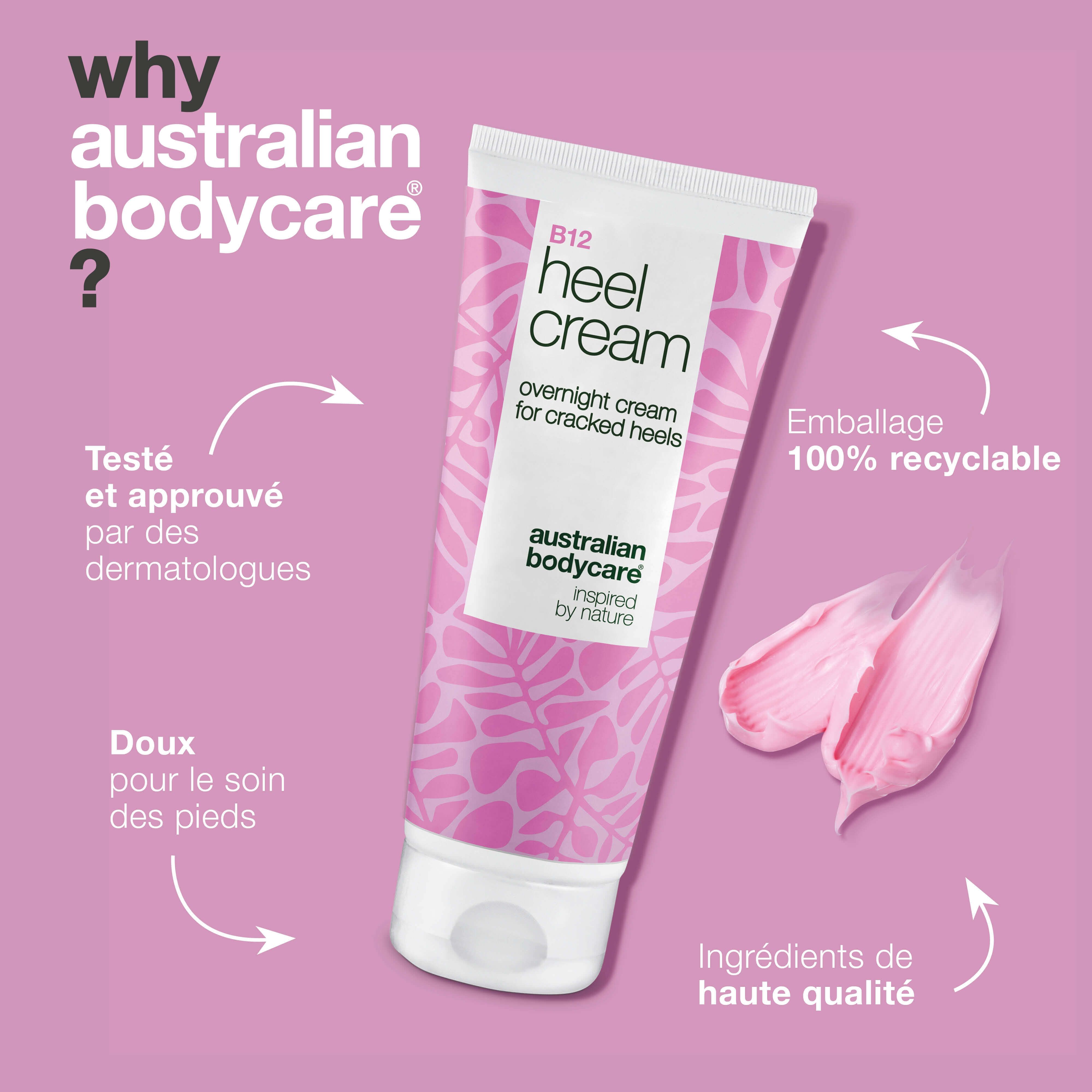 Tube de crème avec texte. Texte : Hydrate en profondeur et adoucit les talons secs. Exfolie en douceur et réduit la peau dure.