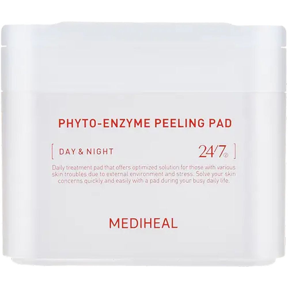 Boîte blanche avec texte "PHYTO-ENZYME PEELING PAD" et "MEDIHEAL". Inscriptions : "DAY & NIGHT" et "24/7".